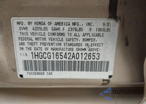 2002 Honda Accord 3.0 Ex z USA, uszkodzony, nr VIN 1HGCG16542A012653